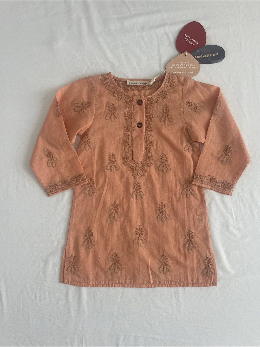 Misha and Puff Kurta Dress Peach Embroidered 1Y (NWT)